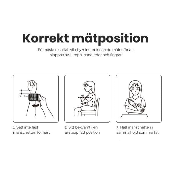 Illustration av korrekt mätposition vid handledsmätning av blodtryck.