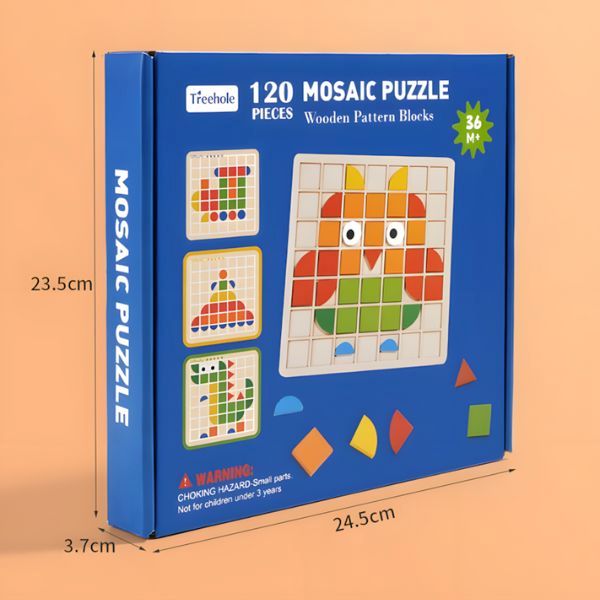Produktens förpackning i blått med måttangivelser, visar färdiga motiv och innehållsinformation för Mosaic Puzzle.