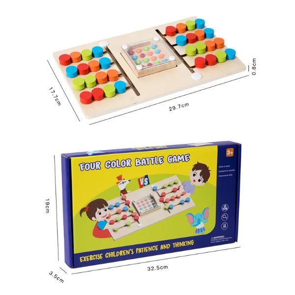 Förpackning och spelbräde med angivna mått, visar pedagogiskt spel med färgbrickor och instruktioner på kartongen.