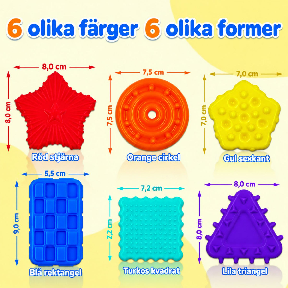 Mått på sex stora sensoriska stenar i olika former och färger