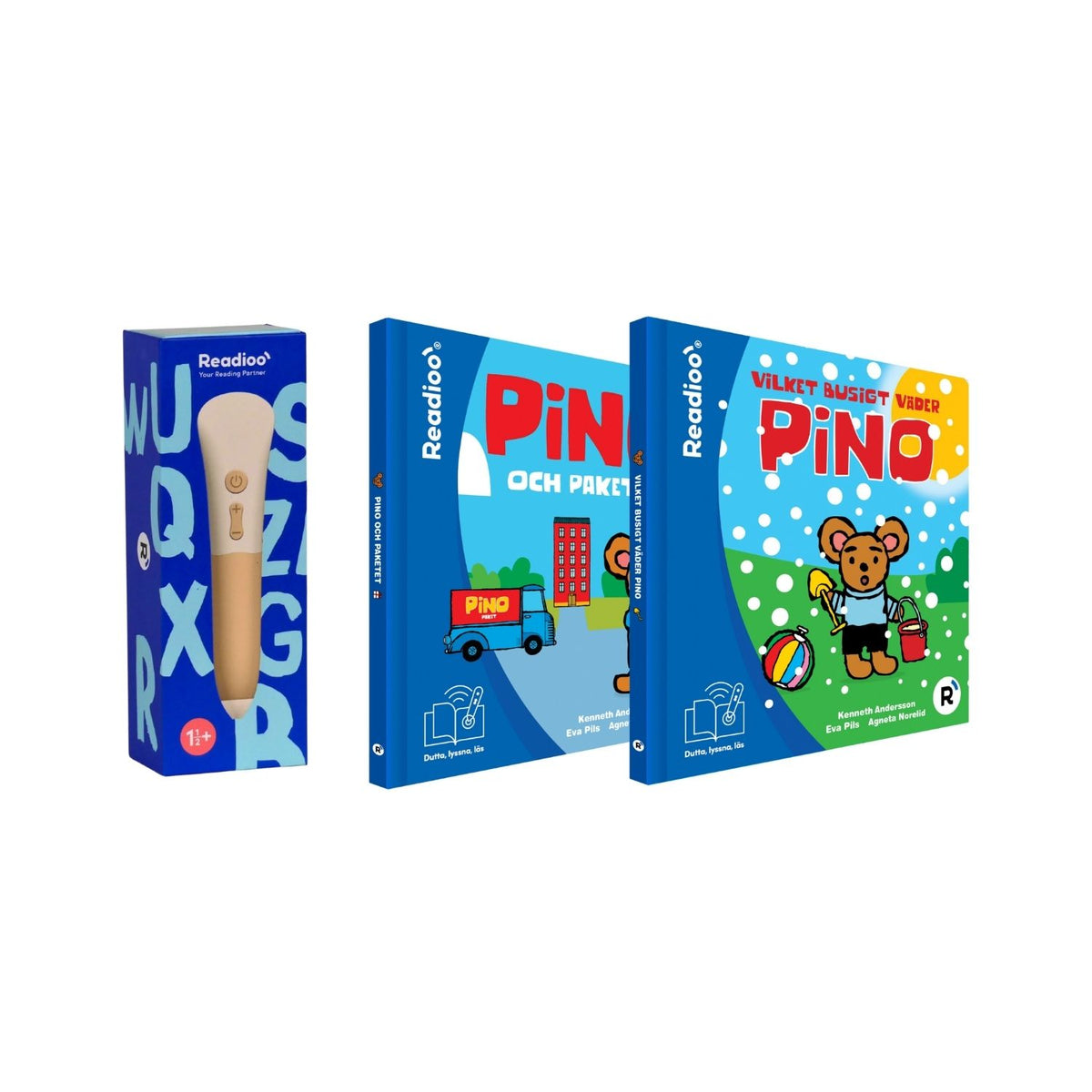 Startpaket med Pino och paketet, Vilket busigt väder Pino och Readioo läspenna för språkutveckling och NPF-anpassad läsning
