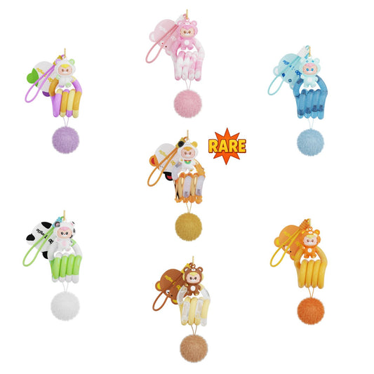 Översikt över Tangle x HiddenWooo Abebe Bear Blind Box med sex ordinarie samlarfigurer och en extra sällsynt Rare-variant.