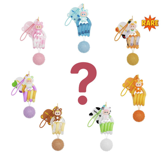 Översikt över Tangle x HiddenWooo Abebe Bear Blind Box med sex ordinarie samlarfigurer och en extra sällsynt Rare-variant.
