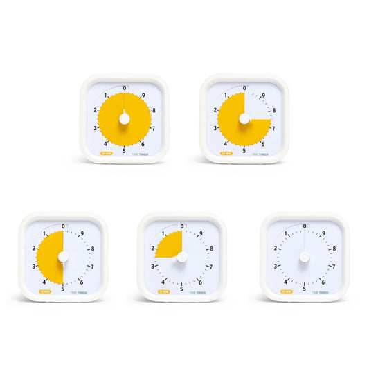 Time Timer MOD 10 minuter med vit ram och gul skiva som visar visuell nedräkning.