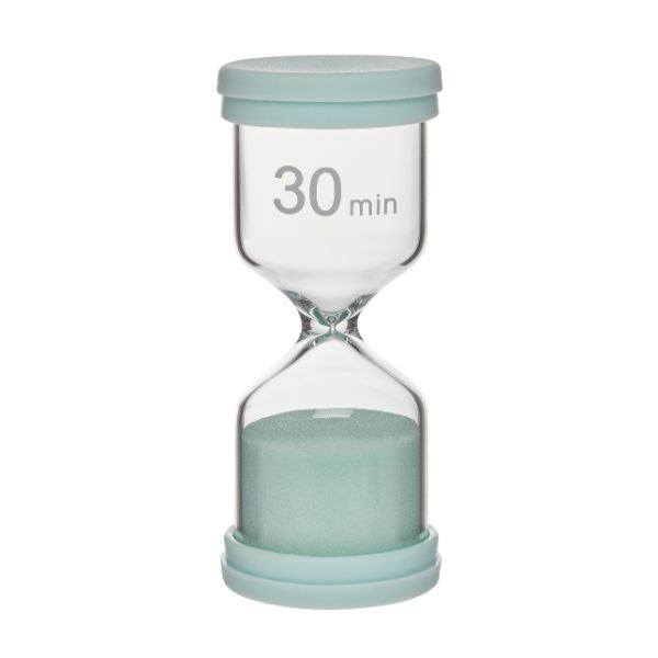 Timglas 30 minuter med grönt lock och sand, timer för längre aktiviteter och visuellt stöd vid NPF.