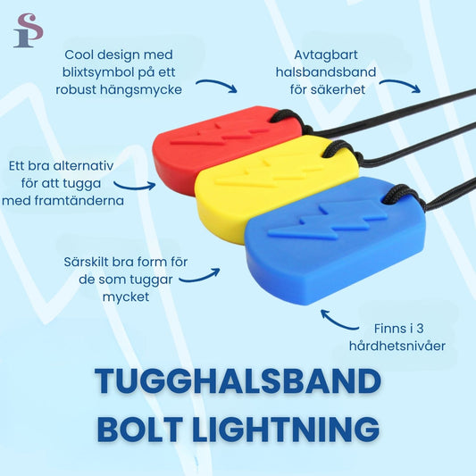 Infografik om Bolt Bite tugghalsband med beskrivning av dess egenskaper och funktioner.