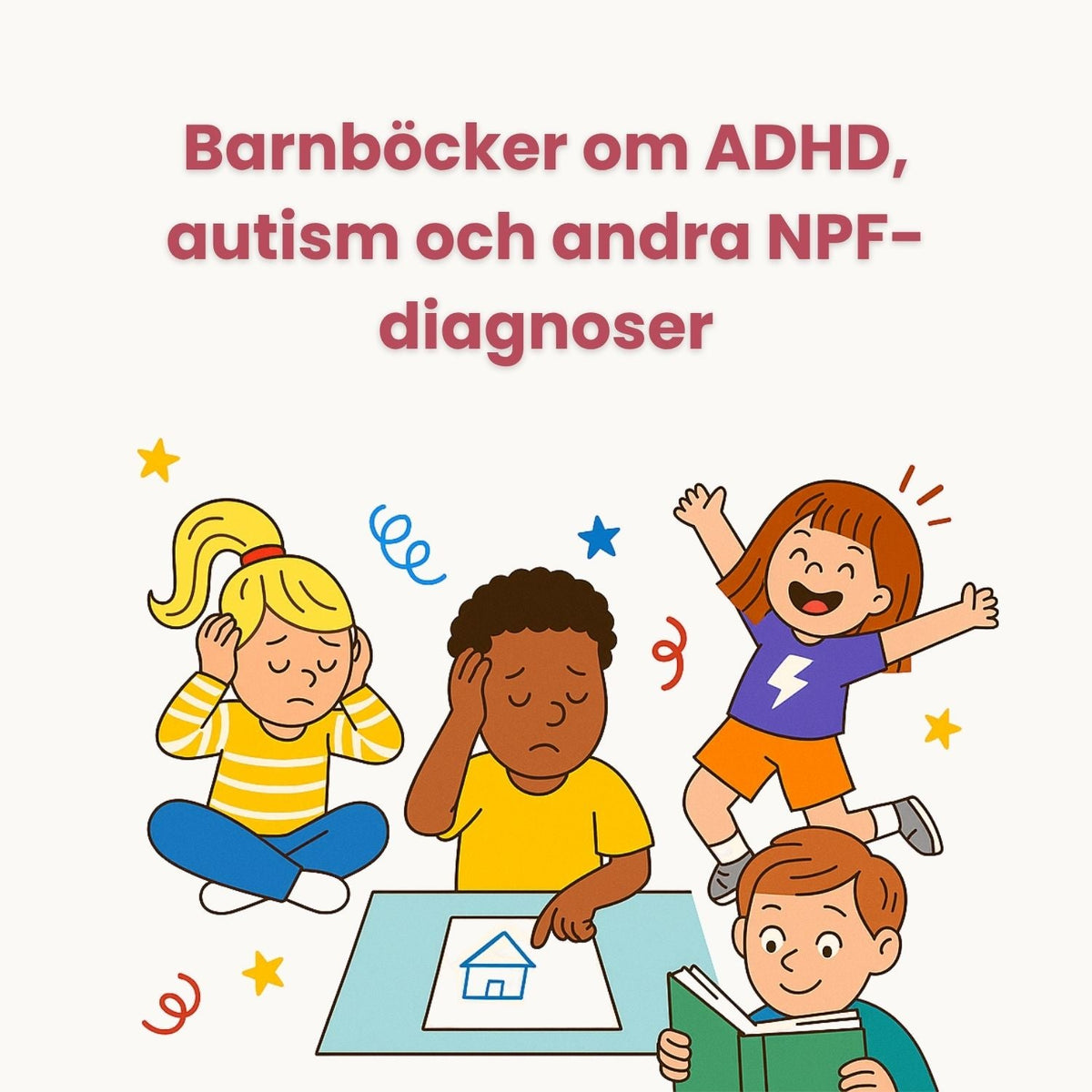 Illustration med barn som läser och samtalar tillsammans med vuxna, omgivna av böcker med teman som ADHD, autism och NPF.
