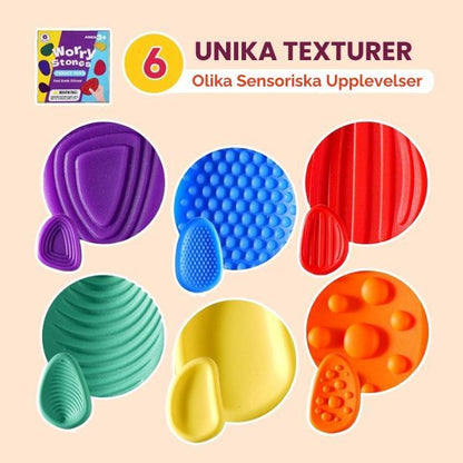 Sensoriska stenar med 6 olika taktila texturer i starka färger