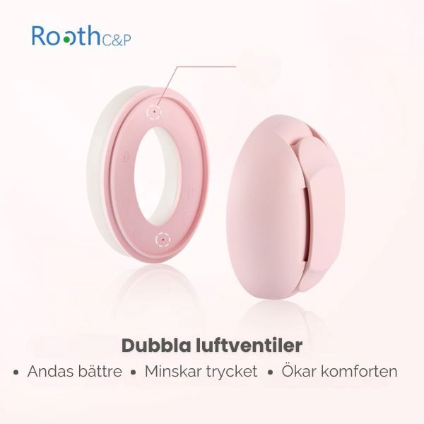 Rosa öronkåpa med dubbla luftventiler för ökad komfort och ventilation.