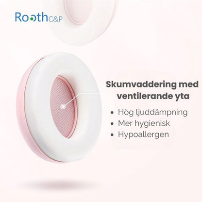 Närbild på rosa öronkåpa med ventilerande skumvaddering.