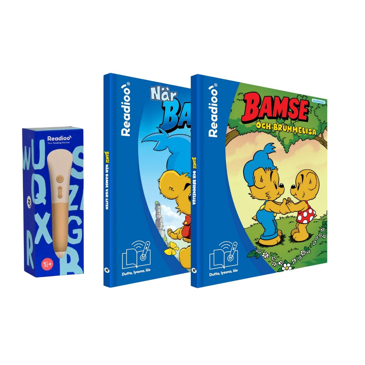 Paket med böckerna När Bamse var liten och Bamse och Brummelisa tillsammans med Readioo läspenna för barn