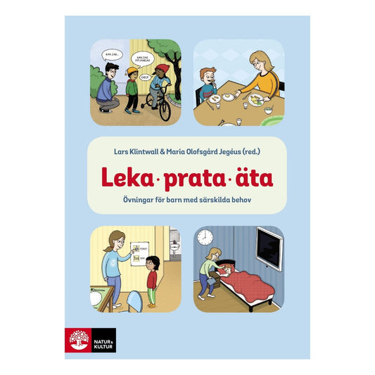 Bokomslag med titeln "Leka, prata, äta" och illustrationer av barn i olika vardagssituationer