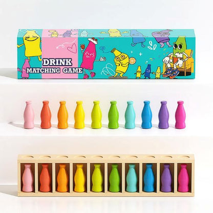 Drink Matching Game uppställt med alla flaskor i regnbågsfärger och illustrerad förpackning.
