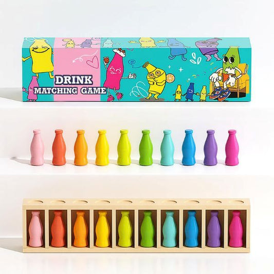 Drink Matching Game uppställt med alla flaskor i regnbågsfärger och illustrerad förpackning.