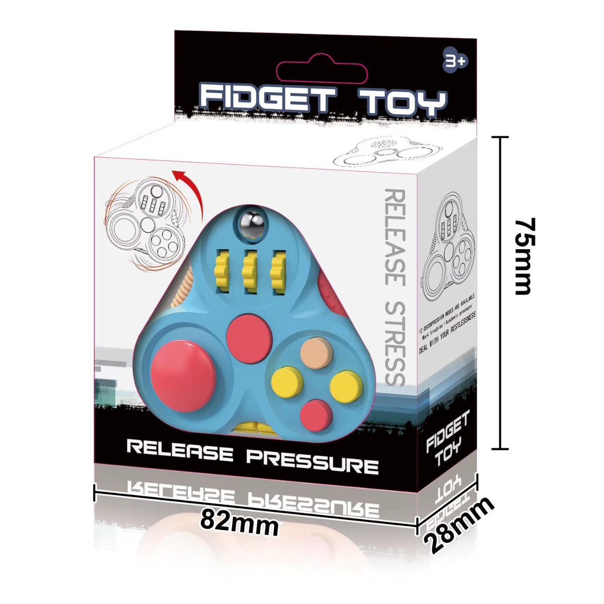 Blå sensorisk Gamepad fidgetleksak med knappar, rullar och metallkula i förpackning.