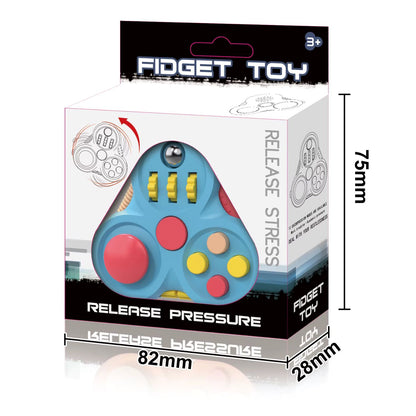 Blå sensorisk Gamepad fidgetleksak med knappar, rullar och metallkula i förpackning.