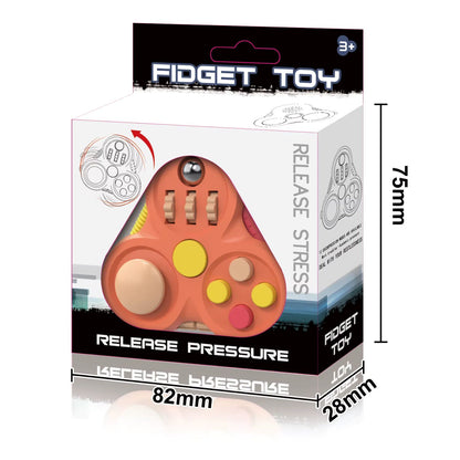 Orange sensorisk Gamepad fidgetleksak med knappar, rullar och metallkula i förpackning.