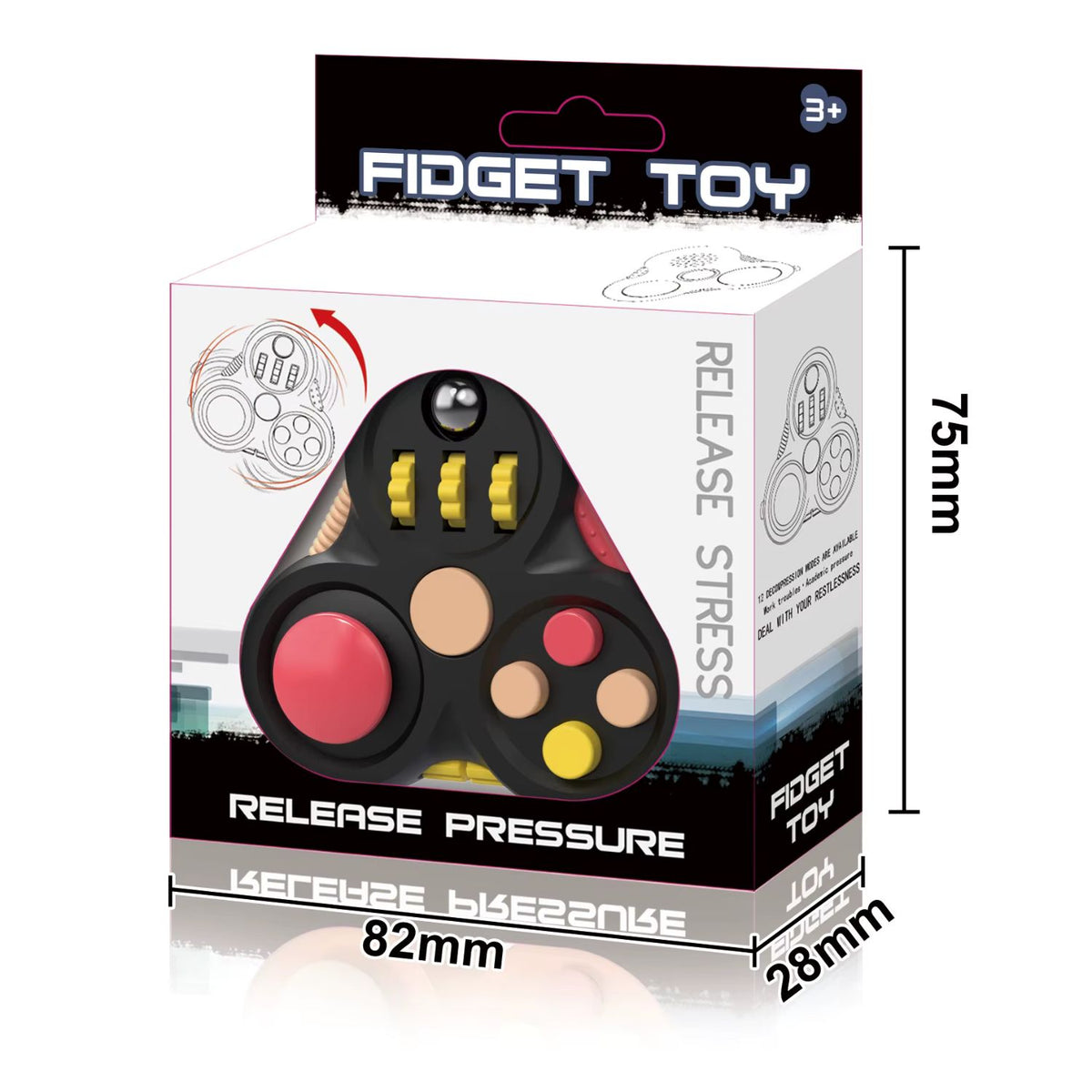 Fidget Gamepad i förpackning – presentask med mått för sensorisk leksak.