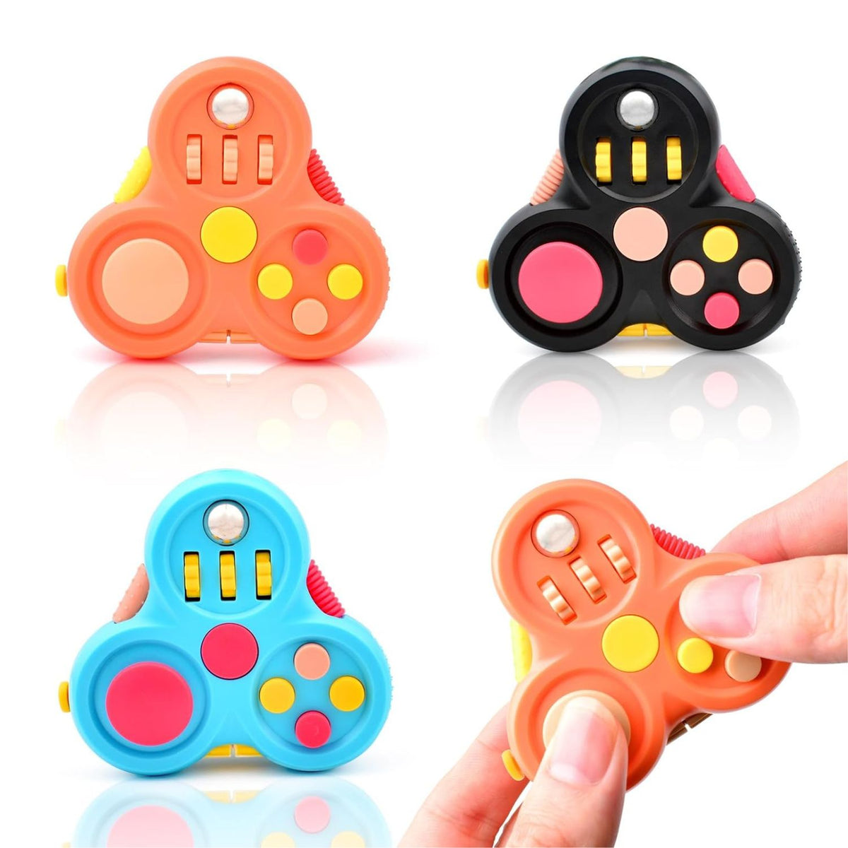 Sensorisk Gamepad fidgetleksak i orange, svart och blått med knappar, rullar och metallkula.