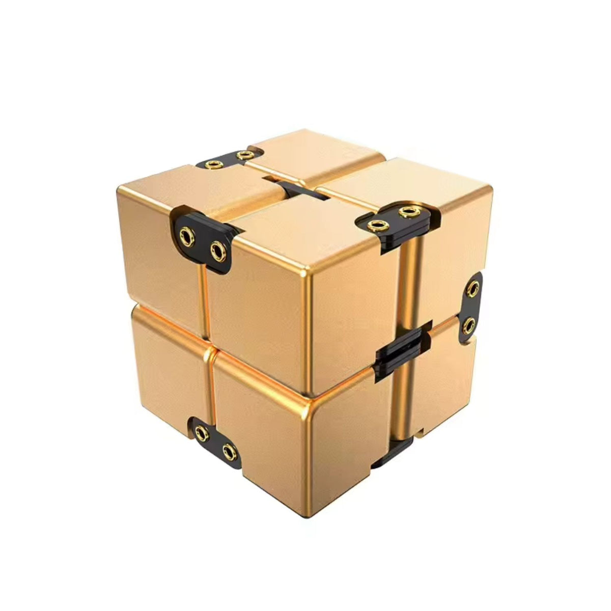Guldfärgad Infinity Cube i aluminium med svarta leder, stilren fidgetleksak för händer och fokus.