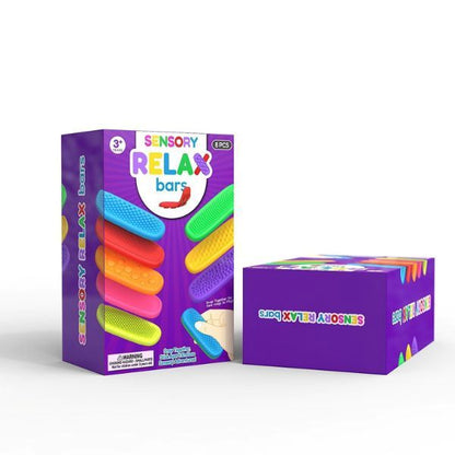 Förpackning av Sensory Relax Bars med illustration av alla åtta strukturer och lekidéer.
