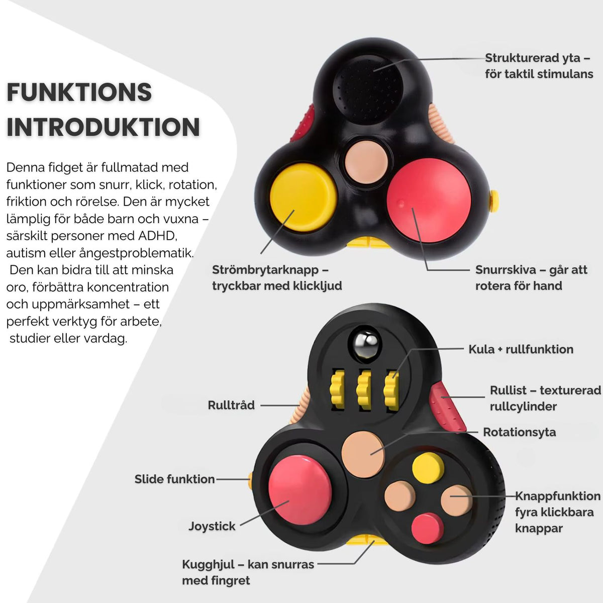 Funktionsöversikt av Sensorisk Gamepad – klick, snurr, rull och taktil stimulans.