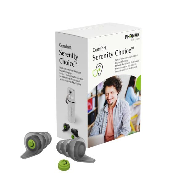 Komplett set: Serenity Choice Comfort-öronproppar i olika storlekar, akustiska filter och bärfodral.