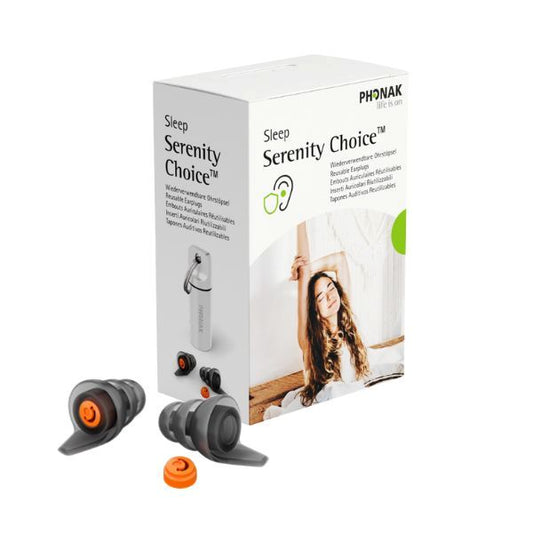 Komplett set av Serenity Choice Sleep med öronproppar, filter och bärfodral.