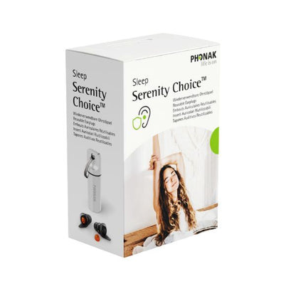 Förpackning av Serenity Choice Sleep som visar öronpropparnas design.