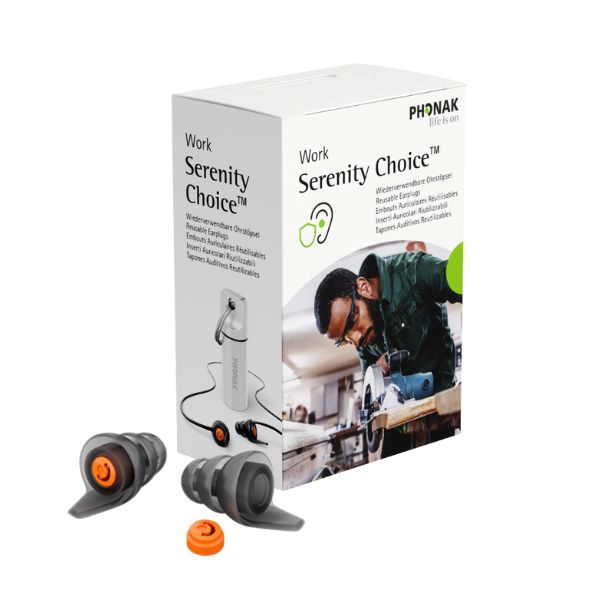 Komplett set med Serenity Choice Work hörselskydd, innehåller öronproppar, filter och fodral.
