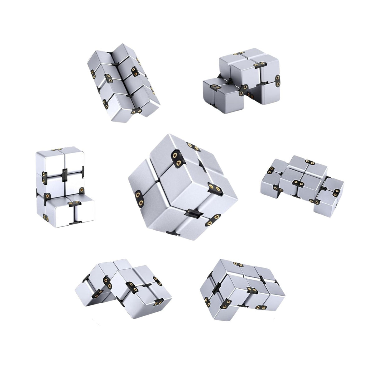 Infinity Cube i silver visas i flera positioner, fidgetleksak i aluminium.