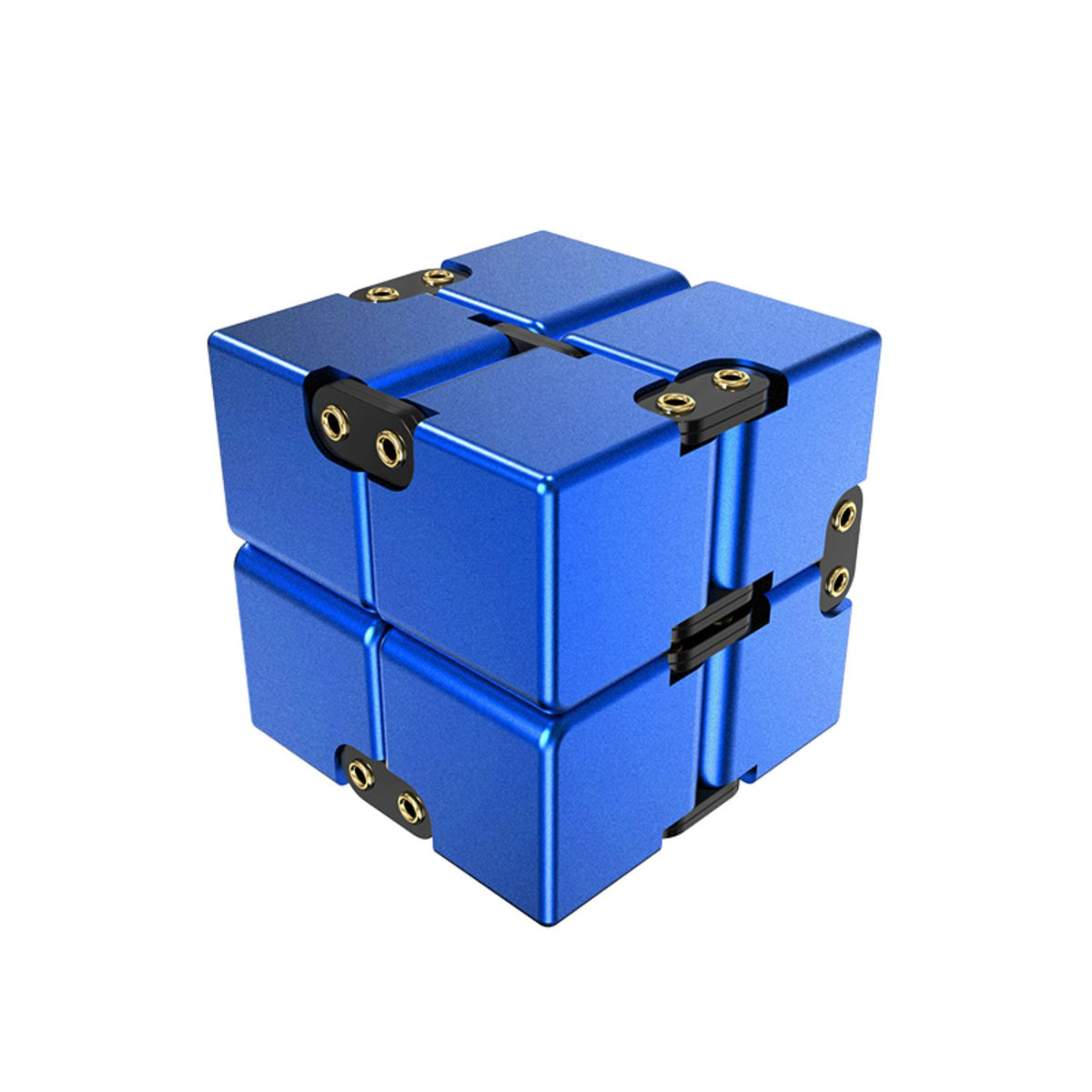 Infinity Cube i silverfärgad aluminium med blå gångjärn.