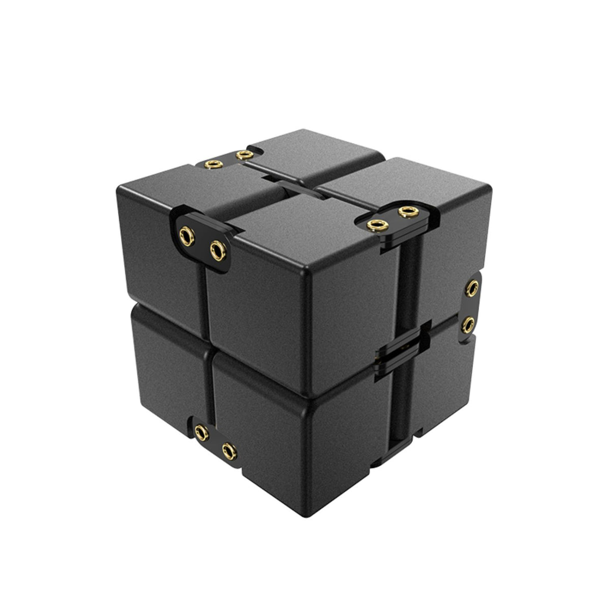 Infinity Cube i silverfärgad aluminium med svarta gångjärn.