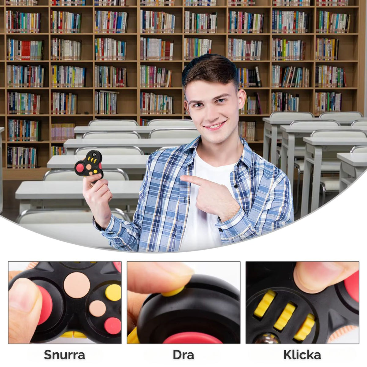 Kille i klassrum med fidgetleksak – fokus på snurra, dra och klicka.