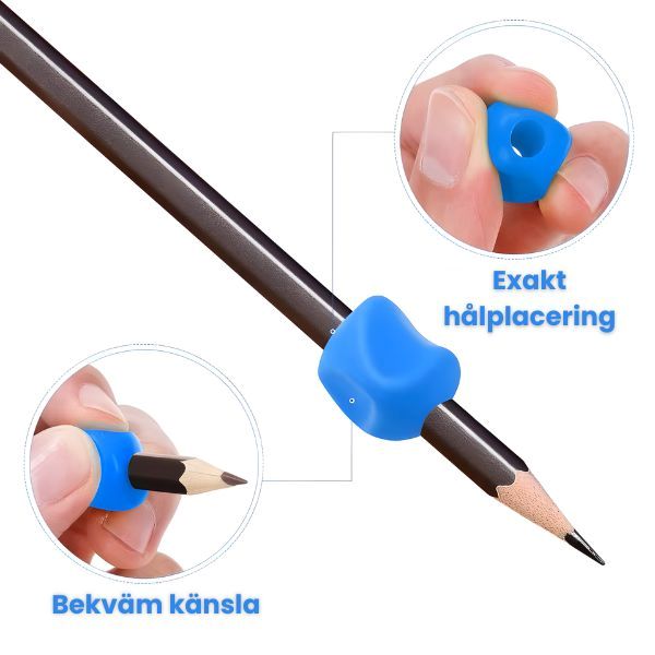 Blått penngrepp på blyertspenna med text om exakt hålplacering och bekväm känsla