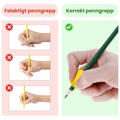  Illustration av felaktigt och korrekt penngrepp med hjälp av gult penngrepp