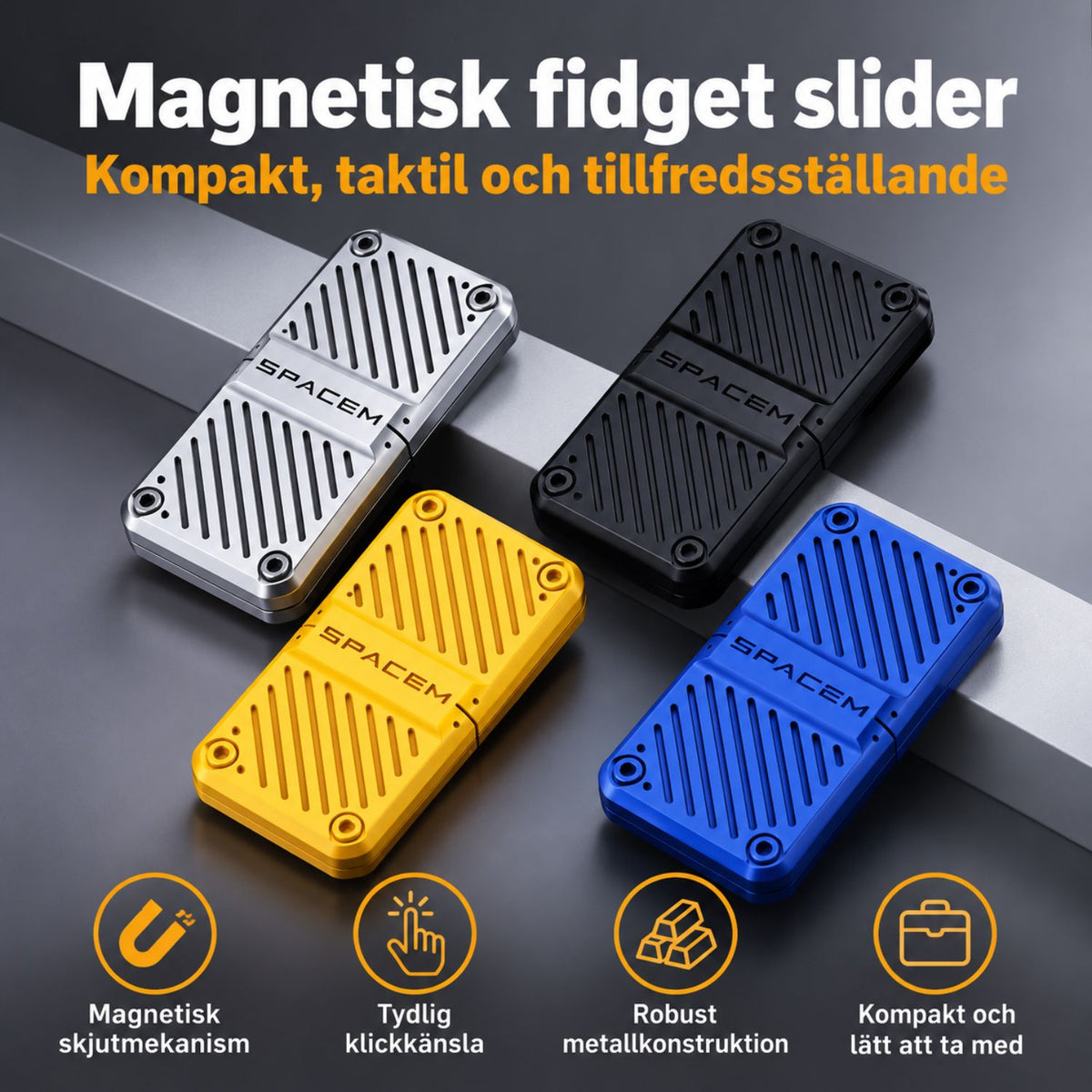 Magnetisk fidget slider i silver, svart, gul och blå med tydlig klickkänsla