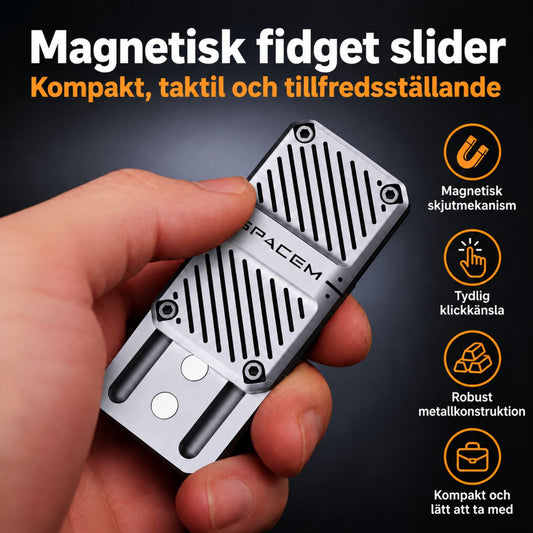 Magnetisk fidget slider i metall som används med tummen och ger tydlig klickkänsla