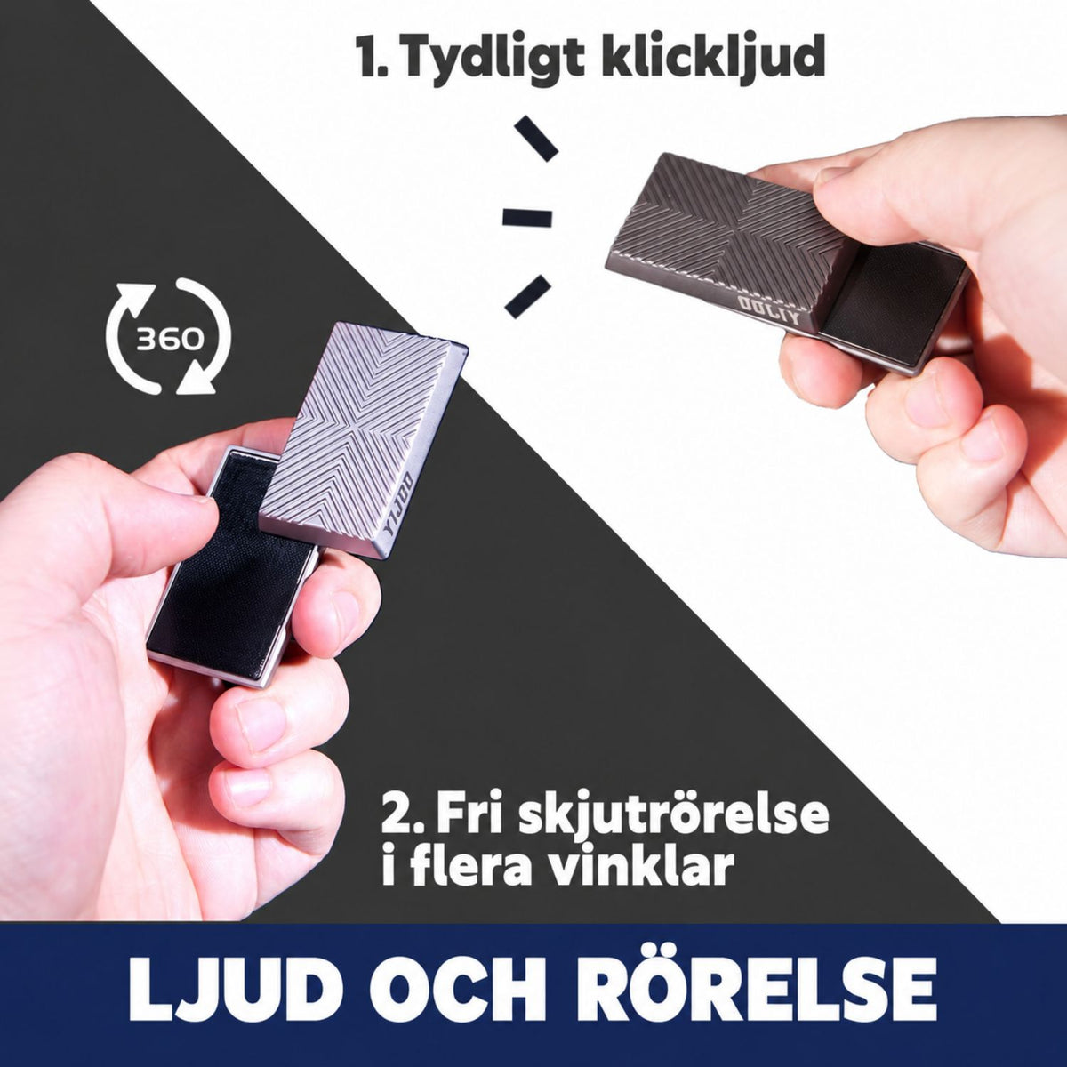 Magnetisk fidget slider med tydligt klickljud och fri skjutrörelse i flera vinklar