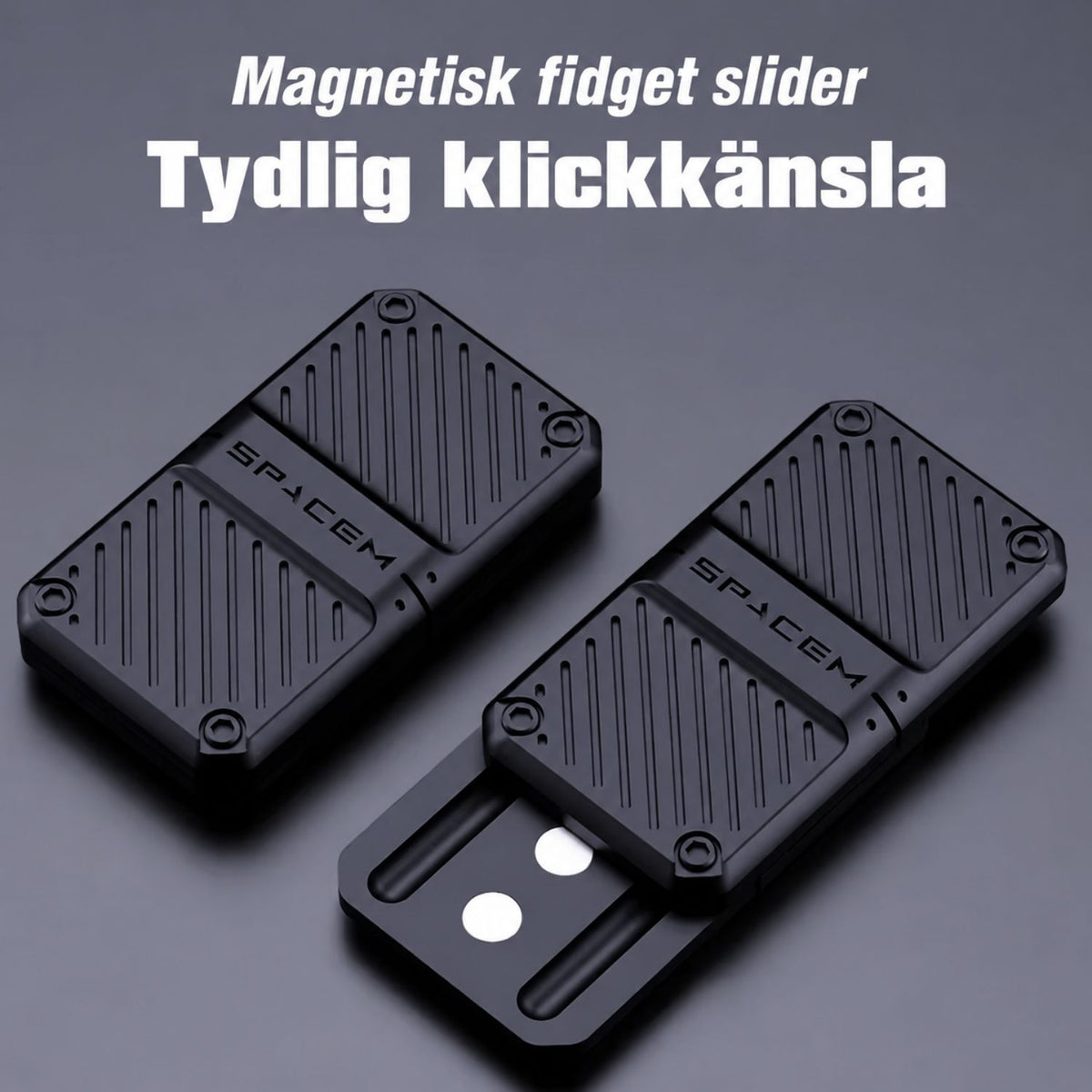 Svart magnetisk fidget slider öppen och stängd som visar den magnetiska skjutmekanismen