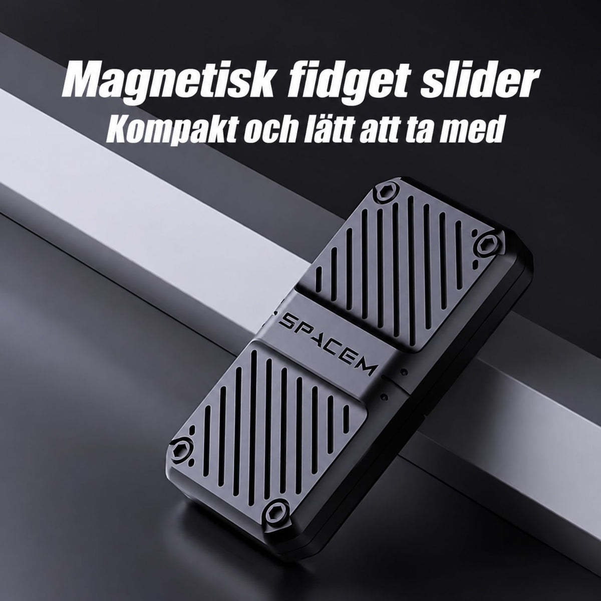 Svart magnetisk fidget slider i metall, kompakt modell med räfflad yta