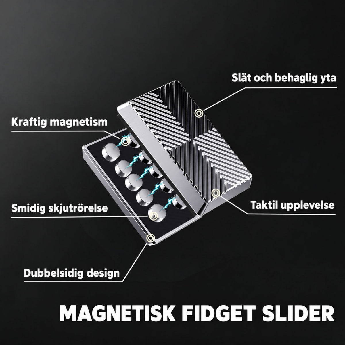 Magnetisk fidget slider med kraftiga magneter, räfflad yta och taktil skjutrörelse