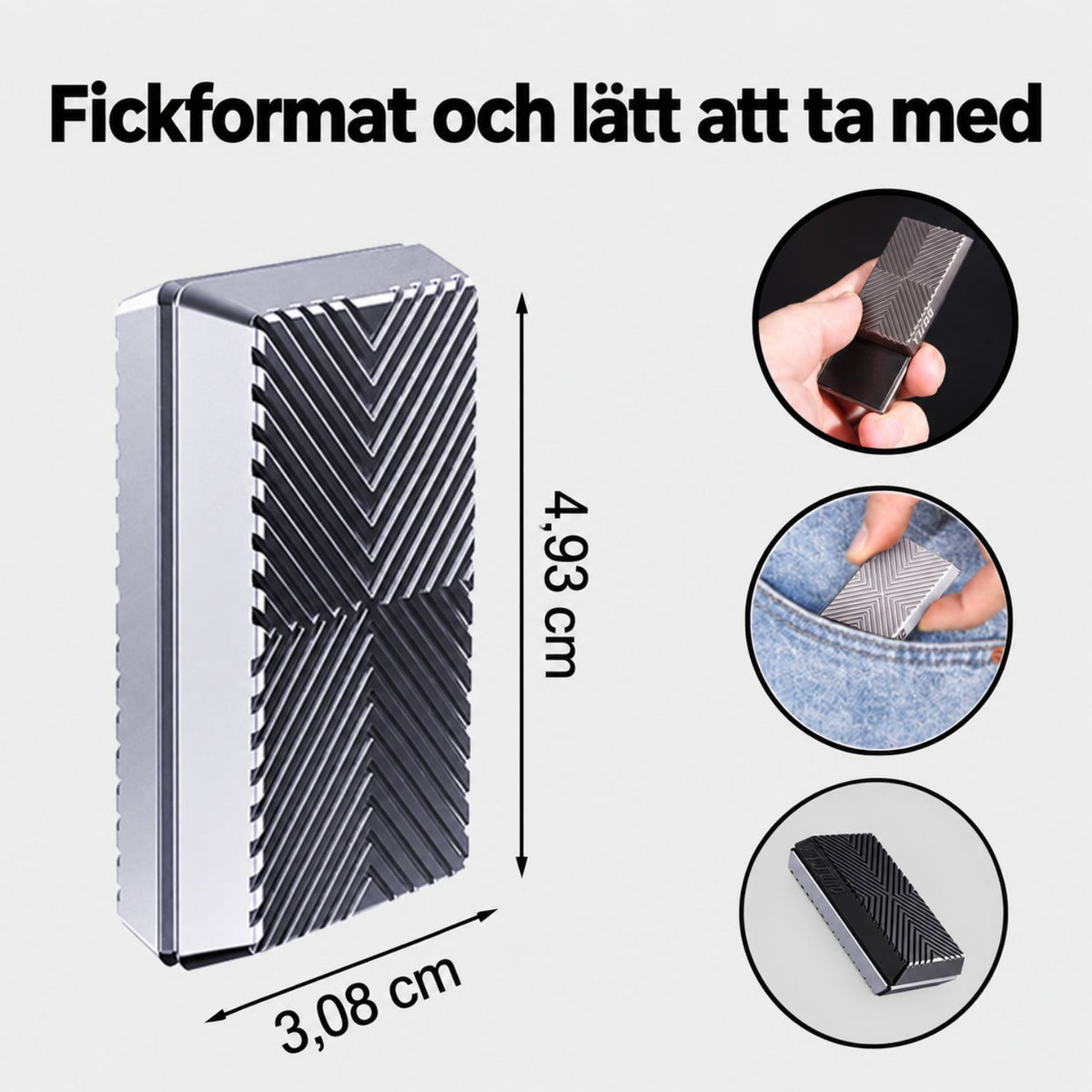 Magnetisk fidget slider i fickformat, cirka 4,93 cm lång och 3,08 cm bred