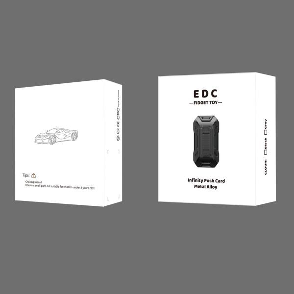 Förpackning med texten EDC Fidget Toy – visar Infinity Slider i metall