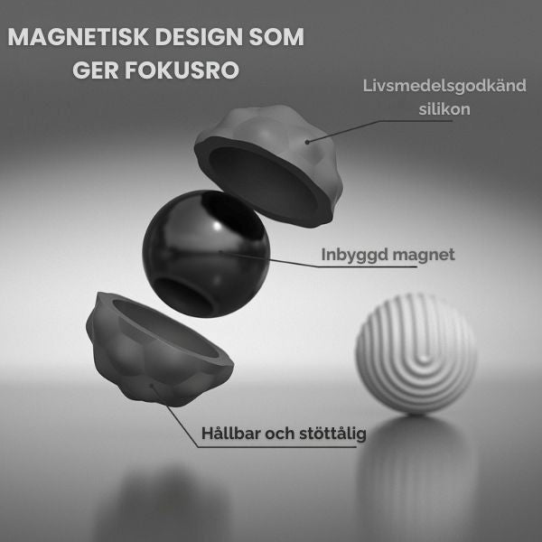 Magnetisk fidgetboll i genomskärning – visar inbyggd magnet och silikonhölje.