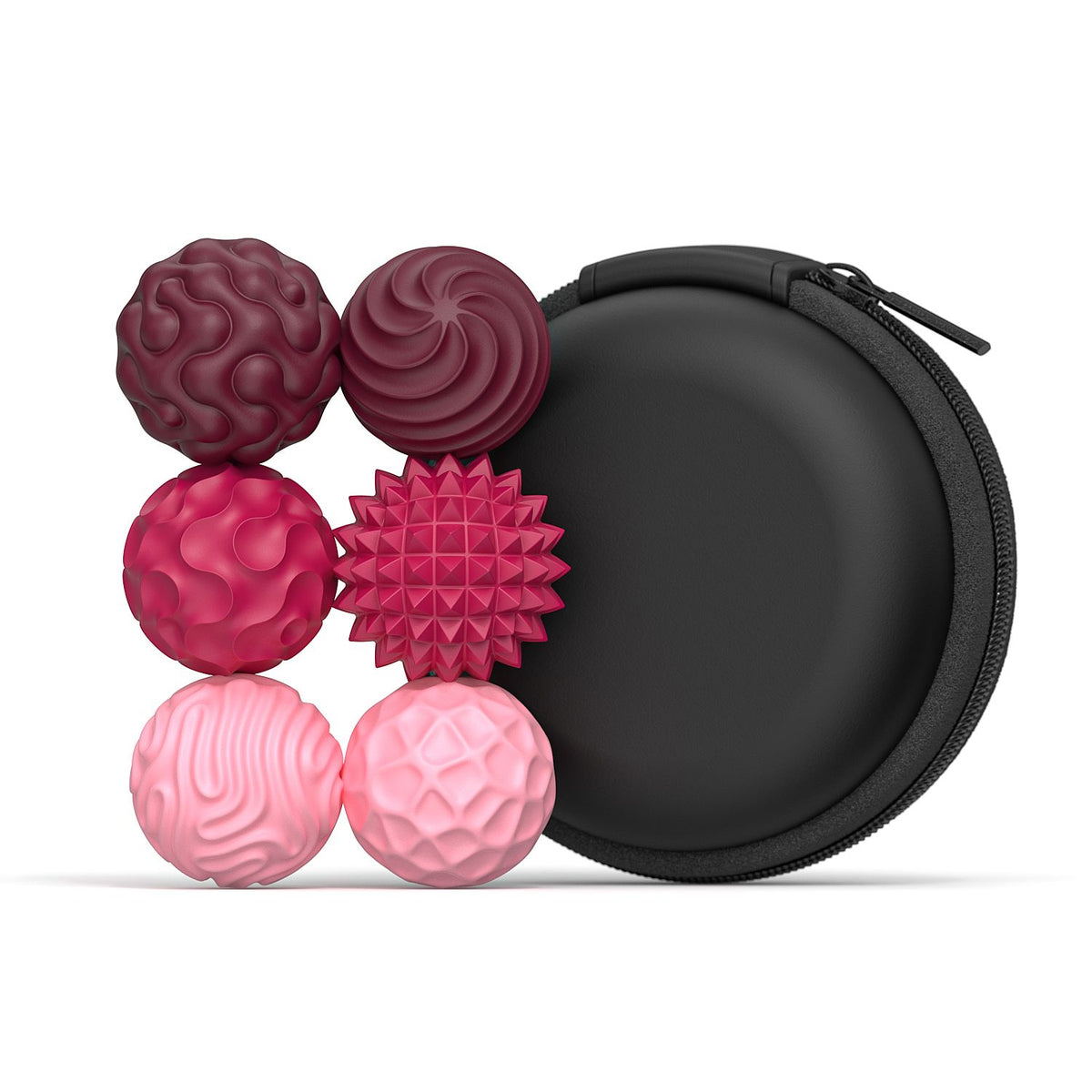 Magnetiska fidgetbollar i rött och rosa med fodral. Hjälper till att minska rastlöshet och främjar fokus.
