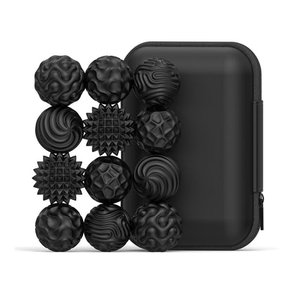 Svarta magnetiska fidgetbollar i 12-pack med fodral. Taktil stimulans för ökat fokus, lugn och stresslindring.