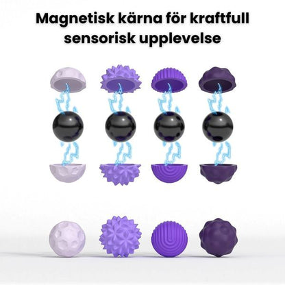 Magnetiska fidgetbollar i genomskärning som visar inre magnet och olika sensoriska texturer.