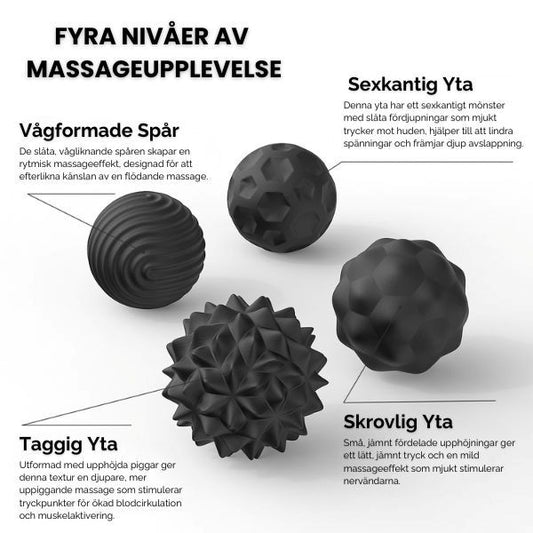 Fyra svarta sensoriska bollar med olika ytor för taktil stimulans
