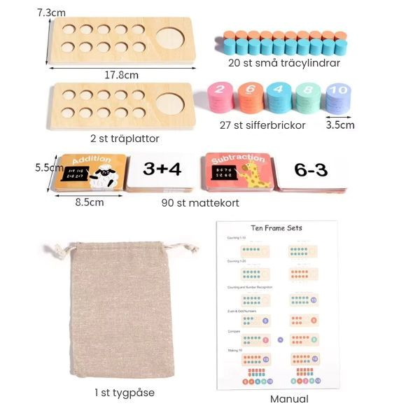 Översikt över innehållet i matematikspel – träplattor, sifferbrickor, kort, manual och påse